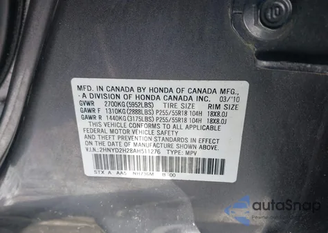 2010 Acura Mdx z USA, uszkodzony, nr VIN 2HNYD2H28AH511276